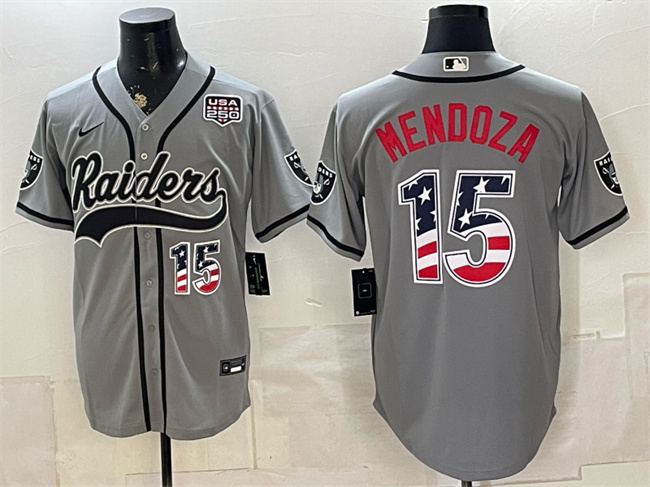 Men's Las Vegas Raiders #15 Fernando Mendoza Grey USA 250 Fourth of July Vapor Limited Stitched Baseball Jersey Men's Las Vegas Raiders #15 Fernando Mendoza Grey USA 250 Fourth of July Vapor Limited Stitched Baseball Jersey