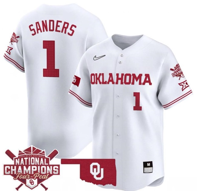 Men's Oklahoma Sooners #1 Cydney Sanders White 2024 Softball National Champions Stitched Jersey Men's Oklahoma Sooners #1 Cydney Sanders White 2024 Softball National Champions Stitched Jersey