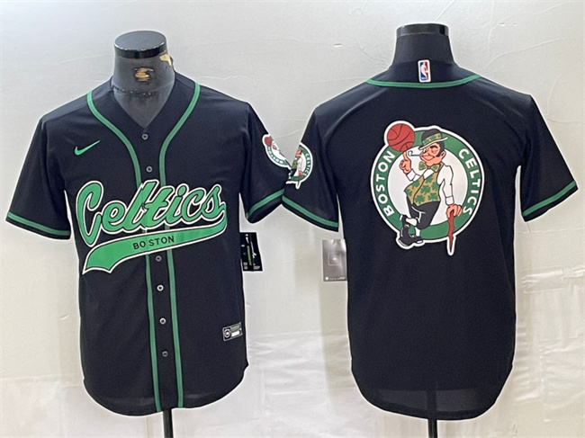 Men's Boston Celtics Black Team Big Logo With Patch Stitched Baseball Jersey Men's Boston Celtics Black Team Big Logo With Patch Stitched Baseball Jersey