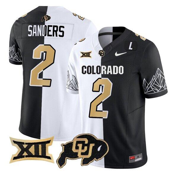 Men's Colorado Buffaloes #2 Shedeur Sanders White Black Split F.U.S.E. With Big 12 XII Patch Stitched Football Jersey Men's Colorado Buffaloes #2 Shedeur Sanders White Black Split F.U.S.E. With Big 12 XII Patch Stitched Football Jersey