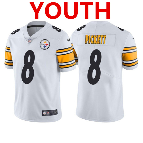 Youth Pittsburgh Steelers #8 Kenny Pickett 2022 White Vapor Untouchable Limited Stitched Jersey Youth Pittsburgh Steelers #8 Kenny Pickett 2022 White Vapor Untouchable Limited Stitched Jersey