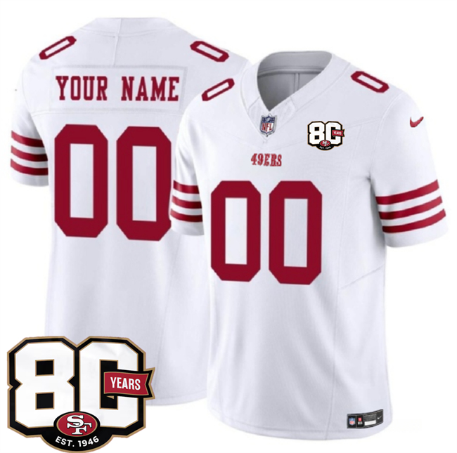 Men's San Francisco 49ers Active Player Custom White 80th Anniversary Patch 2026 F.U.S.E. Vapor Untouchabl2026 F.U.S.E. Vapor Untouchable Limited Stitched Football Jersey