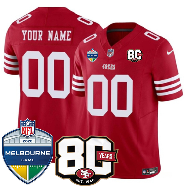 Men's San Francisco 49ers Active Player Custom Red 80th Anniversary And Melbourne Game Patch 2026 F.U.S.E. Vapor Untouchabl2026 F.U.S.E. Vapor Untouchable Limited Stitched Football Jersey