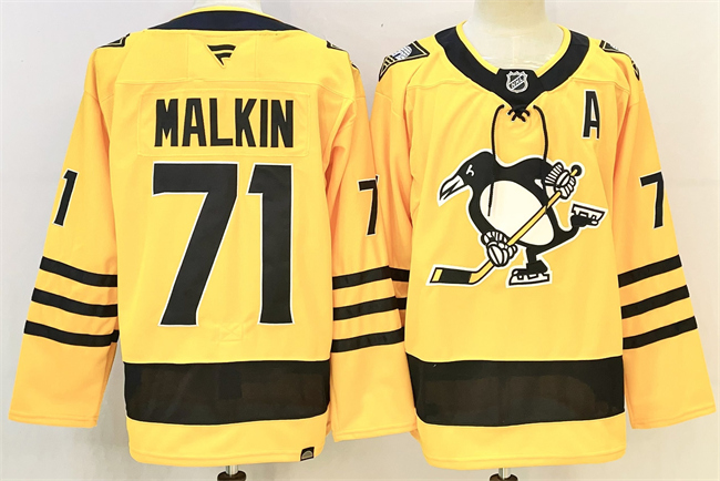 Men's Pittsburgh Penguins #71 Evgeni Malkin Gold 2025 26 With A Patch Alternate Stitched Hockey Jersey Men's Pittsburgh Penguins #71 Evgeni Malkin Gold 2025 26 With A Patch Alternate Stitched Hockey Jersey