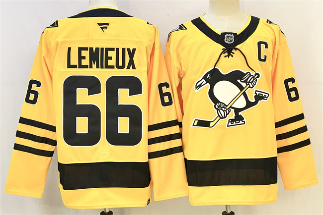 Men's Pittsburgh Penguins #66 Mario Lemieux Gold 2025 26 With C Patch Alternate Stitched Hockey Jersey Men's Pittsburgh Penguins #66 Mario Lemieux Gold 2025 26 With C Patch Alternate Stitched Hockey Jersey