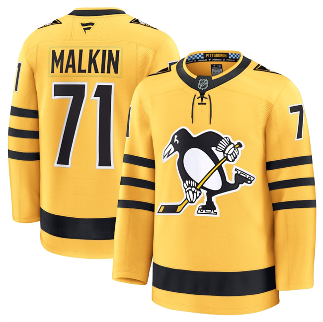 Men's Pittsburgh Penguins #71 Evgeni Malkin Gold 2025 Alternate Stitched Hockey Jersey Men's Pittsburgh Penguins #71 Evgeni Malkin Gold 2025 Alternate Stitched Hockey Jersey