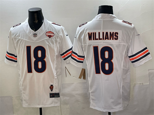 Men's Chicago Bears #18 Caleb Williams White F.U.S.E. 2025 NFC North Champions & Illinois Patch Stitched Football Jersey Men's Chicago Bears #18 Caleb Williams White F.U.S.E. 2025 NFC North Champions & Illinois Patch Stitched Football Jersey
