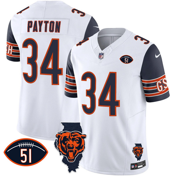 Men's Chicago Bears #34 Walter Payton White Navy F.U.S.E. With Illinois And No. 51 Patch Stitched Football Jersey Men's Chicago Bears #34 Walter Payton White Navy F.U.S.E. With Illinois And No. 51 Patch Stitched Football Jersey