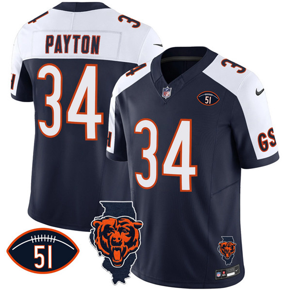 Men's Chicago Bears #34 Walter Payton Navy White F.U.S.E. With Illinois And No. 51 Patch Stitched Football Jersey Men's Chicago Bears #34 Walter Payton Navy White F.U.S.E. With Illinois And No. 51 Patch Stitched Football Jersey