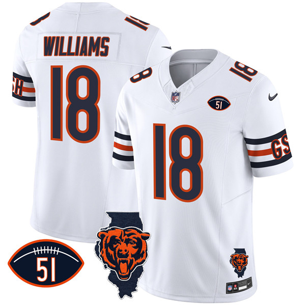Men's Chicago Bears #18 Caleb Williams White F.U.S.E. With Illinois And No. 51 Patch Stitched Football Jersey Men's Chicago Bears #18 Caleb Williams White F.U.S.E. With Illinois And No. 51 Patch Stitched Football Jersey