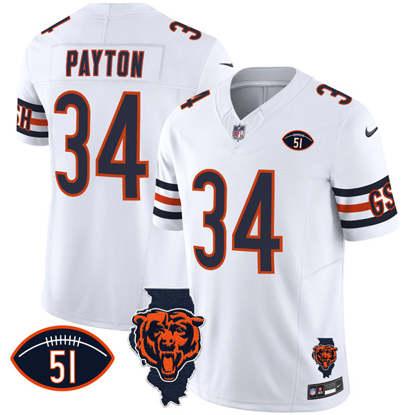 Men's Chicago Bears #34 Walter Payton White F.U.S.E. With Illinois And No. 51 Patch Stitched Football Jersey Men's Chicago Bears #34 Walter Payton White F.U.S.E. With Illinois And No. 51 Patch Stitched Football Jersey