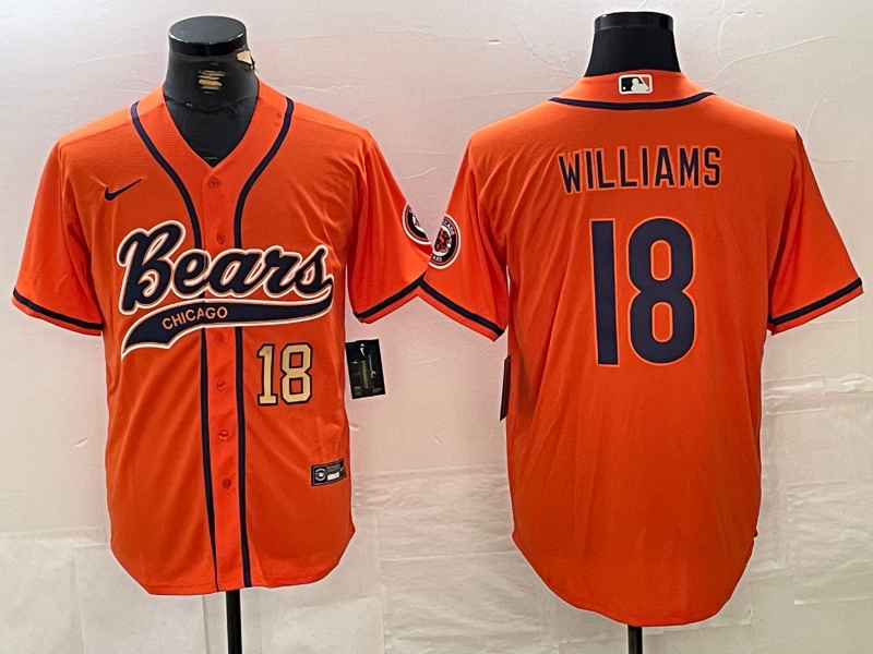 Men's Chicago Bears #18 Caleb Williams Orange With Patch Cool Base Stitched Baseball Jersey 2 Men's Chicago Bears #18 Caleb Williams Orange With Patch Cool Base Stitched Baseball Jersey 2