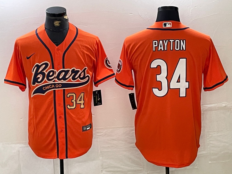 Men's Chicago Bears #34 Walter Payton Orange With Patch Cool Base Stitched Baseball Jersey 2 Men's Chicago Bears #34 Walter Payton Orange With Patch Cool Base Stitched Baseball Jersey 2