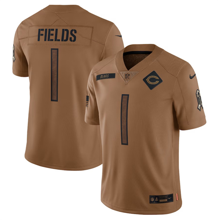 Men's Chicago Bears #1 Justin Fields 2023 Brown Salute To Service Limited Stitched Football Jersey Men's Chicago Bears #1 Justin Fields 2023 Brown Salute To Service Limited Stitched Football Jersey