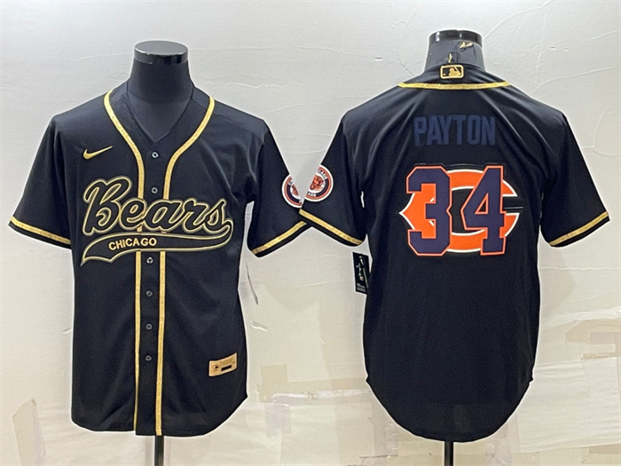 Men's Chicago Bears #34 Walter Payton Black Gold Team Big Logo With Patch Cool Base Stitched Baseball Jersey Men's Chicago Bears #34 Walter Payton Black Gold Team Big Logo With Patch Cool Base Stitched Baseball Jersey