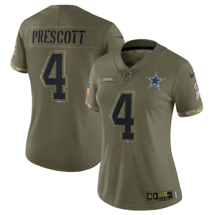 Women's Dallas Cowboys #4 Dak Prescott Olive 2022 Salute To Service Limited Stitched Jersey(Run Small) Women's Dallas Cowboys #4 Dak Prescott Olive 2022 Salute To Service Limited Stitched Jersey(Run Small)