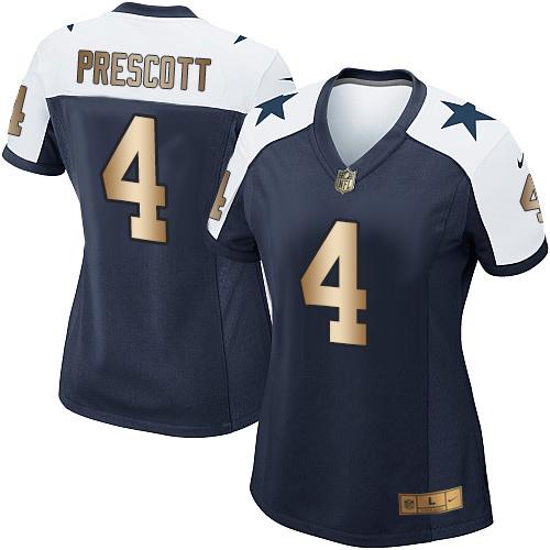 Nike Cowboys #4 Dak Prescott Navy Blue Thanksgiving Throwback Women's Stitched NFL Elite Gold Jersey Nike Cowboys #4 Dak Prescott Navy Blue Thanksgiving Throwback Women's Stitched NFL Elite Gold Jersey
