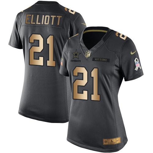 Nike Cowboys #21 Ezekiel Elliott Black Women's Stitched NFL Limited Gold Salute to Service Jersey Nike Cowboys #21 Ezekiel Elliott Black Women's Stitched NFL Limited Gold Salute to Service Jersey