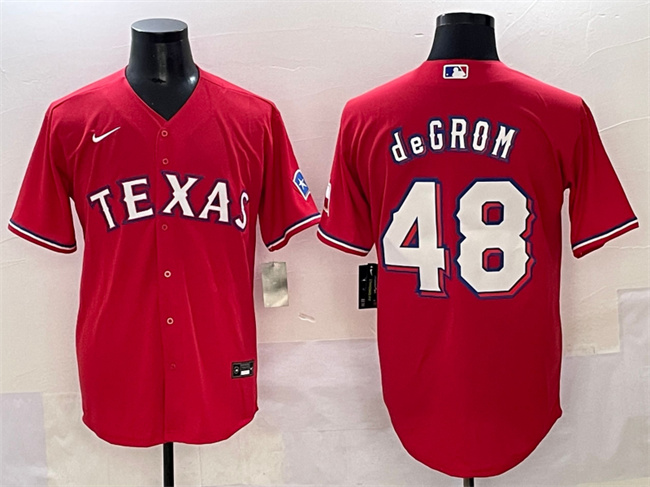 Men's Texas Rangers #48 Jacob DeGrom Red With Patch Cool Base Stitched Baseball Jersey Men's Texas Rangers #48 Jacob DeGrom Red With Patch Cool Base Stitched Baseball Jersey