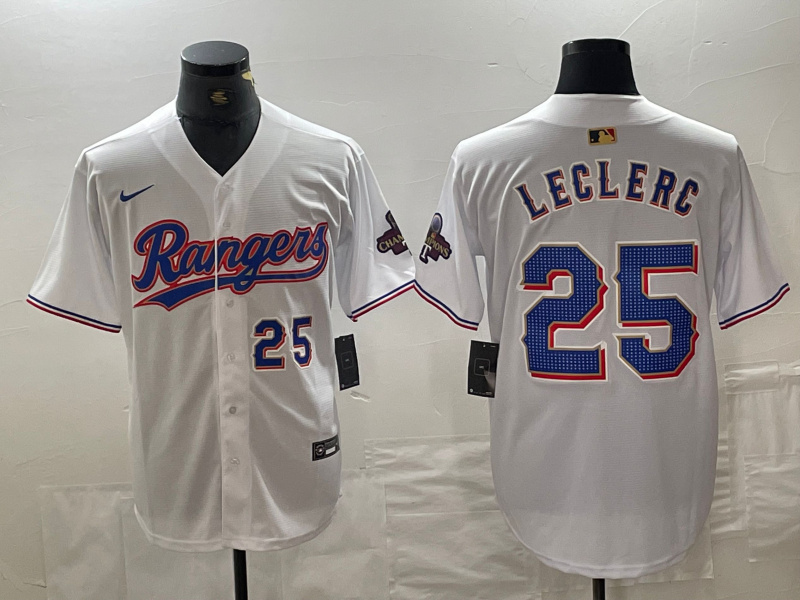 Men's Texas Rangers #25 Jose Leclerc White Gold Cool Base Stitched Baseball Jersey 1 Men's Texas Rangers #25 Jose Leclerc White Gold Cool Base Stitched Baseball Jersey 1