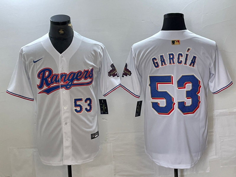 Men's Texas Rangers #53 Adolis García White Gold Cool Base Stitched Baseball Jersey Men's Texas Rangers #53 Adolis García White Gold Cool Base Stitched Baseball Jersey