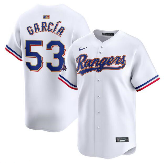Men's Texas Rangers #53 Adolis García White 2024 Gold Collection Cool Base Stitched Baseball Jersey Men's Texas Rangers #53 Adolis García White 2024 Gold Collection Cool Base Stitched Baseball Jersey