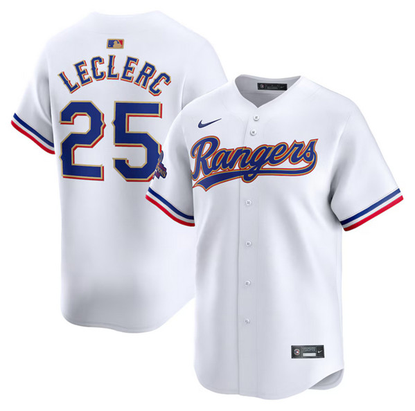 Men's Texas Rangers #25 Jose Leclerc White 2024 Gold Collection Cool Base Stitched Baseball Jersey Men's Texas Rangers #25 Jose Leclerc White 2024 Gold Collection Cool Base Stitched Baseball Jersey