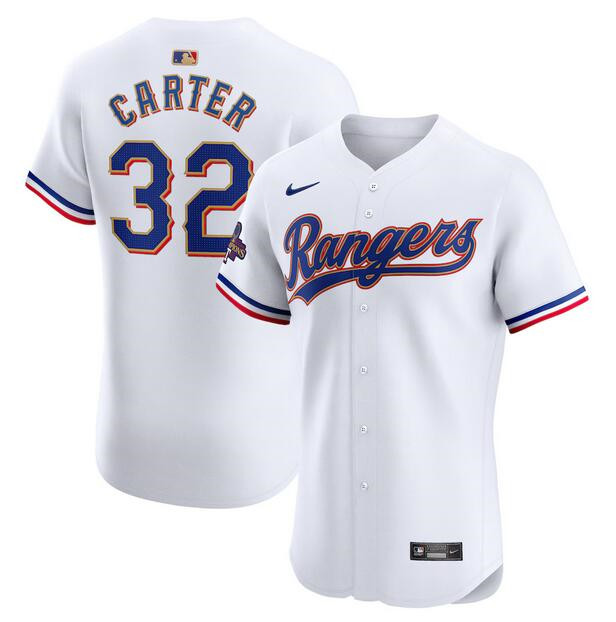 Men's Texas Rangers #32 Evan Carter White 2024 Gold Collection Flex Base Stitched Baseball Jersey Men's Texas Rangers #32 Evan Carter White 2024 Gold Collection Flex Base Stitched Baseball Jersey