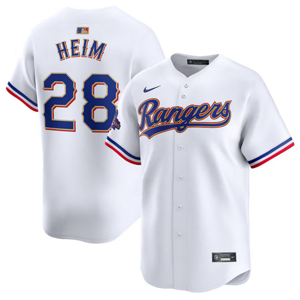 Men's Texas Rangers #28 Jonah Heim White 2024 Gold Collection Cool Base Stitched Baseball Jersey Men's Texas Rangers #28 Jonah Heim White 2024 Gold Collection Cool Base Stitched Baseball Jersey