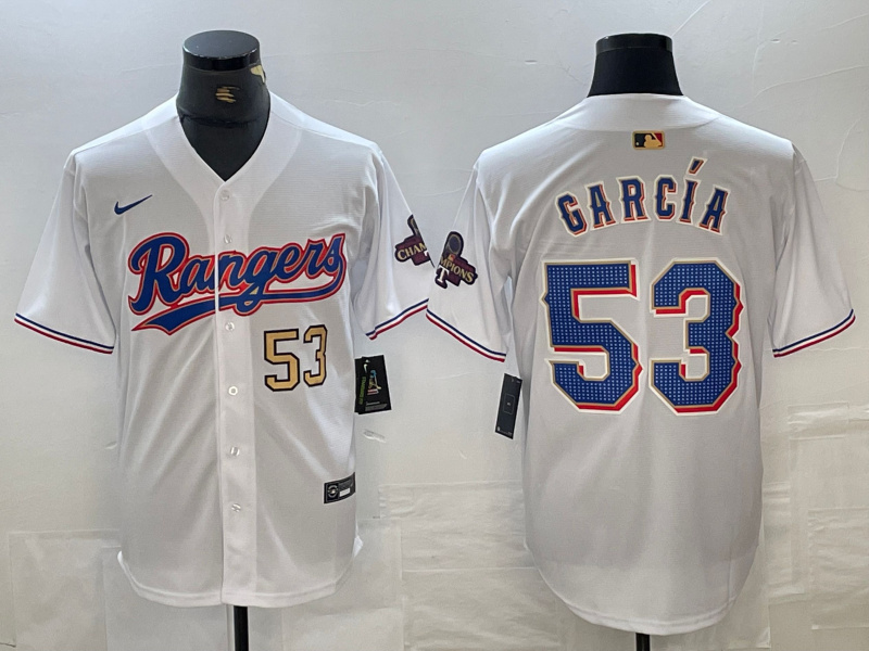Men's Texas Rangers #53 Adolis Garcia Number White 2023 World Series Champions Cool Base Jerseys Men's Texas Rangers #53 Adolis Garcia Number White 2023 World Series Champions Cool Base Jerseys