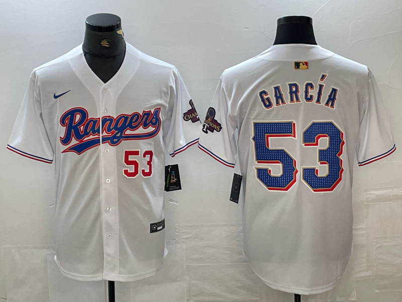 Men's Texas Rangers #53 Adolis Garcia Number White 2023 World Series Champions Cool Base Jersey Men's Texas Rangers #53 Adolis Garcia Number White 2023 World Series Champions Cool Base Jersey