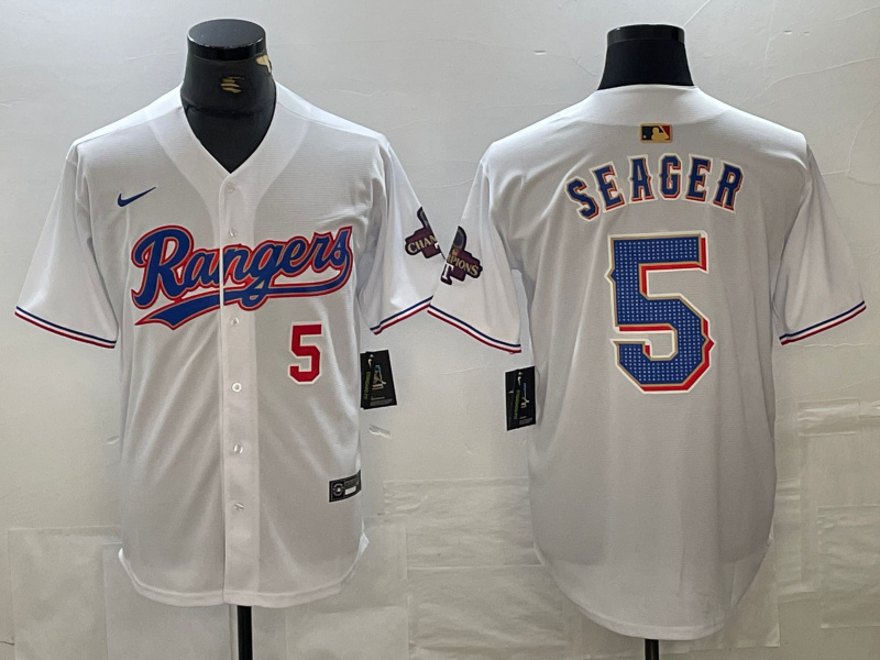 Men's Texas Rangers #5 Corey Seager Number White 2023 World Series Champions Cool Base Jersey Men's Texas Rangers #5 Corey Seager Number White 2023 World Series Champions Cool Base Jersey