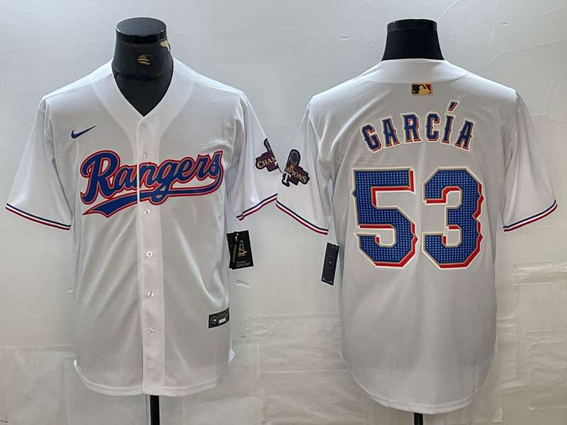 Men's Texas Rangers #53 Adolis Garcia White 2023 World Series Champions Cool Base Jersey Men's Texas Rangers #53 Adolis Garcia White 2023 World Series Champions Cool Base Jersey