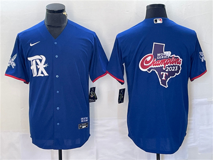 Men's Texas Rangers Royal 2023 World Series Champions Big Logo Cool Base Stitched Baseball JerseyS Men's Texas Rangers Royal 2023 World Series Champions Big Logo Cool Base Stitched Baseball JerseyS