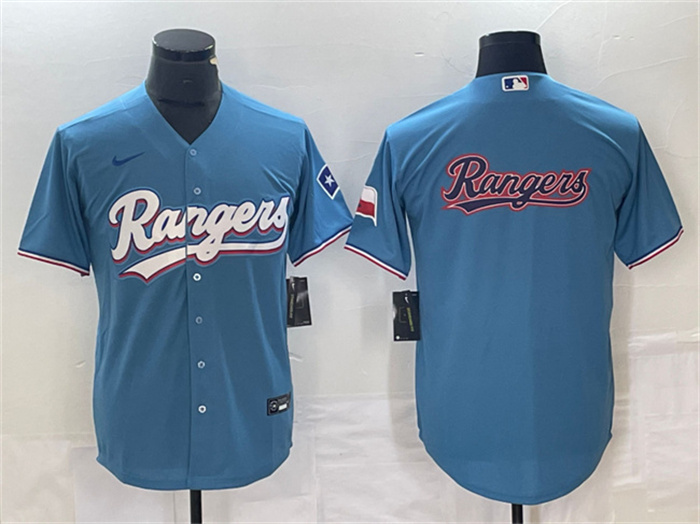 Men's Texas Rangers Blue Team Big Logo With Patch Cool Base Stitched Baseball Jersey Men's Texas Rangers Blue Team Big Logo With Patch Cool Base Stitched Baseball Jersey