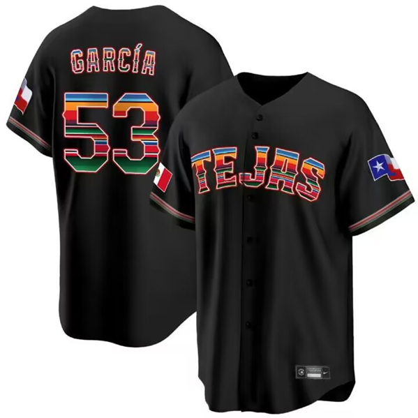 Men's Texas Rangers #53 Adolis Garcia Mexico Black Cool Base Stitched Baseball Jersey Men's Texas Rangers #53 Adolis Garcia Mexico Black Cool Base Stitched Baseball Jersey
