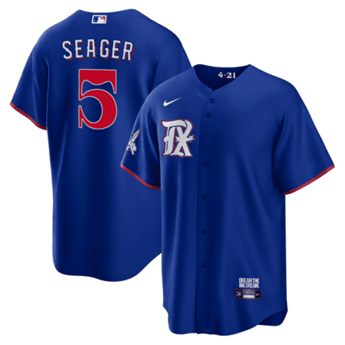 Men's Texas Rangers #5 Corey Seager Royal 2023 City Connect Stitched Baseball Jersey Men's Texas Rangers #5 Corey Seager Royal 2023 City Connect Stitched Baseball Jersey
