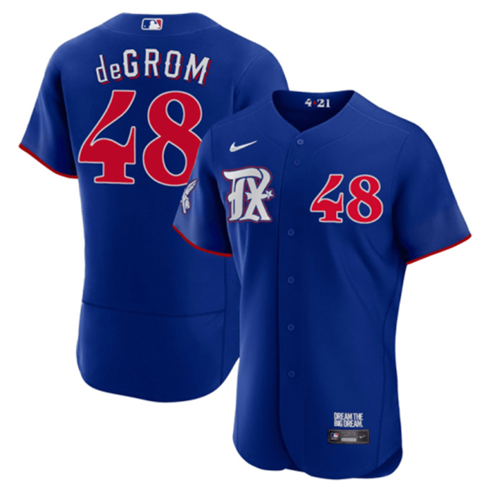 Men's Texas Rangers #48 Jacob DeGrom Royal 2023 City Connect Flex Base Stitched Baseball Jersey Men's Texas Rangers #48 Jacob DeGrom Royal 2023 City Connect Flex Base Stitched Baseball Jersey