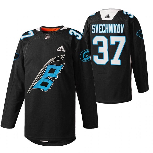 Men's Carolina Hurricanes #37 Andrei Svechnikov 2022 Black Warm-Up Stitched Jersey