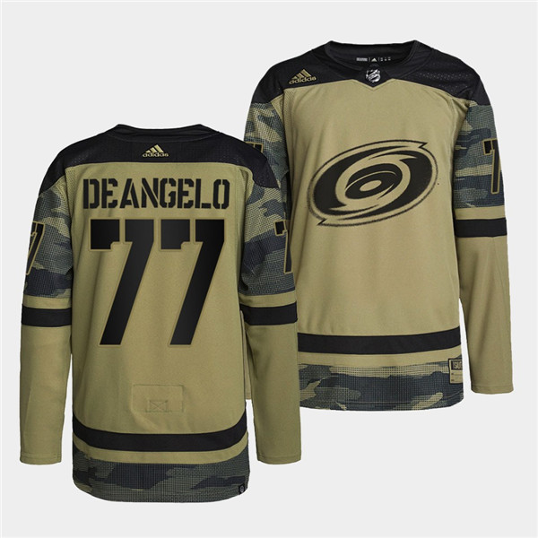 Men's Carolina Hurricanes #77 Tony DeAngelo 2022 Camo Military Appreciation Night Stitched Jersey Men's Carolina Hurricanes #77 Tony DeAngelo 2022 Camo Military Appreciation Night Stitched Jersey