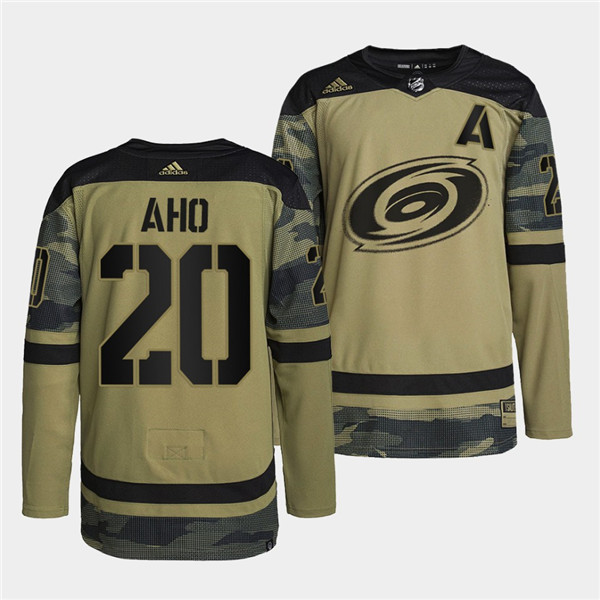 Men's Carolina Hurricanes #20 Sebastian Aho 2022 Camo Military Appreciation Night Stitched Jersey Men's Carolina Hurricanes #20 Sebastian Aho 2022 Camo Military Appreciation Night Stitched Jersey