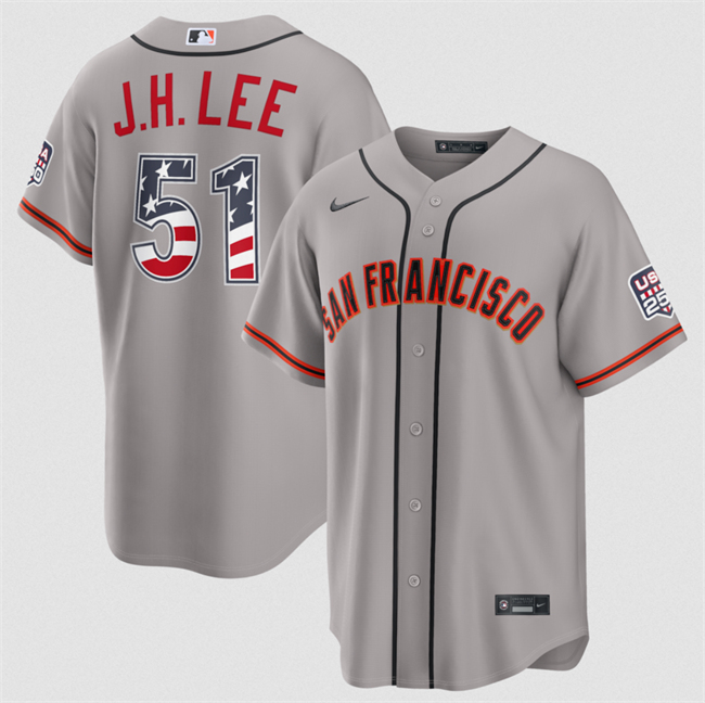 Men's San Francisco Giants #51 Jung Hoo Lee Grey 2026 USA 250 Fourth of July Stitched Baseball Jersey Men's San Francisco Giants #51 Jung Hoo Lee Grey 2026 USA 250 Fourth of July Stitched Baseball Jersey
