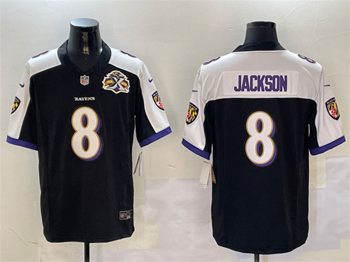Men's Baltimore Ravens #8 Lamar Jackson Black White 2023 F.U.S.E With Patch Throwback Vapor Limited Jersey Men's Baltimore Ravens #8 Lamar Jackson Black White 2023 F.U.S.E With Patch Throwback Vapor Limited Jersey