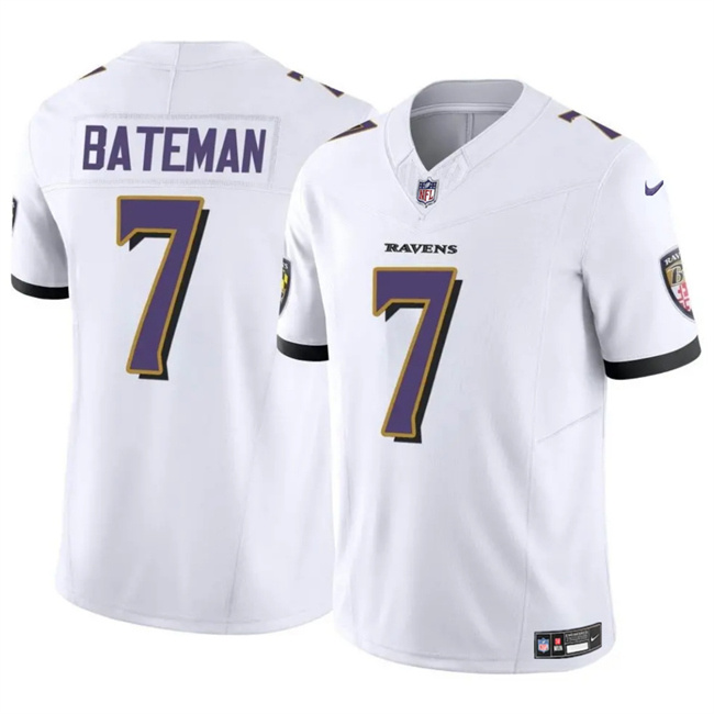 Men's Baltimore Ravens #7 Rashod Bateman White 2023 F.U.S.E Vapor Limited Football Jersey Men's Baltimore Ravens #7 Rashod Bateman White 2023 F.U.S.E Vapor Limited Football Jersey