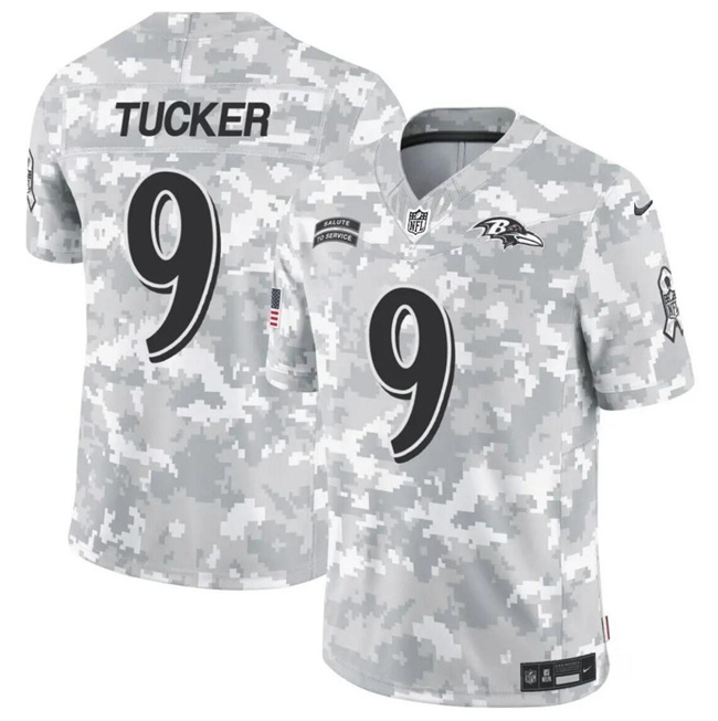 Men's Baltimore Ravens #9 Justin Tucker 2024 F.U.S.E Arctic Camo Salute To Service Limited Stitched Football Jersey Men's Baltimore Ravens #9 Justin Tucker 2024 F.U.S.E Arctic Camo Salute To Service Limited Stitched Football Jersey