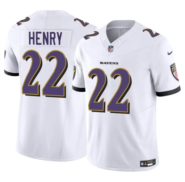 Men's Baltimore Ravens #22 Derrick Henry 2023 F.U.S.E. White Vapor Limited Football Stitched Jersey Men's Baltimore Ravens #22 Derrick Henry 2023 F.U.S.E. White Vapor Limited Football Stitched Jersey