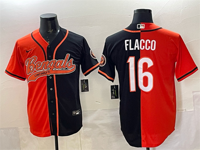 Men's Cincinnati Bengals #16 Joe Flacco Orange Black Split With Patch Cool Base Stitched Baseball Jersey Men's Cincinnati Bengals #16 Joe Flacco Orange Black Split With Patch Cool Base Stitched Baseball Jersey