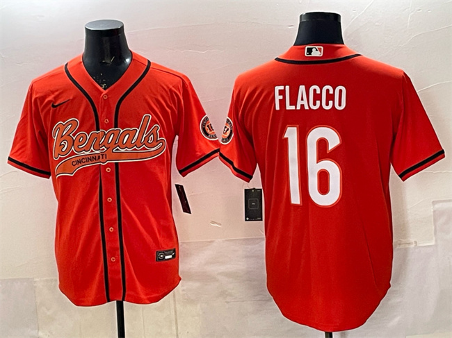Men's Cincinnati Bengals #16 Joe Flacco Orange With Patch Cool Base Stitched Baseball Jersey Men's Cincinnati Bengals #16 Joe Flacco Orange With Patch Cool Base Stitched Baseball Jersey