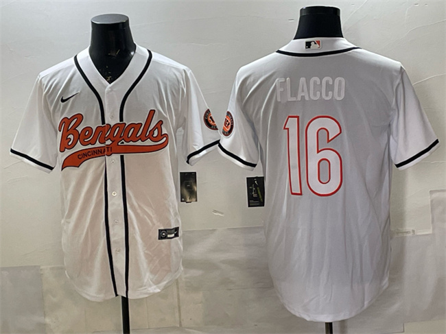 Men's Cincinnati Bengals #16 Joe Flacco White With Patch Cool Base Stitched Baseball Jersey Men's Cincinnati Bengals #16 Joe Flacco White With Patch Cool Base Stitched Baseball Jersey