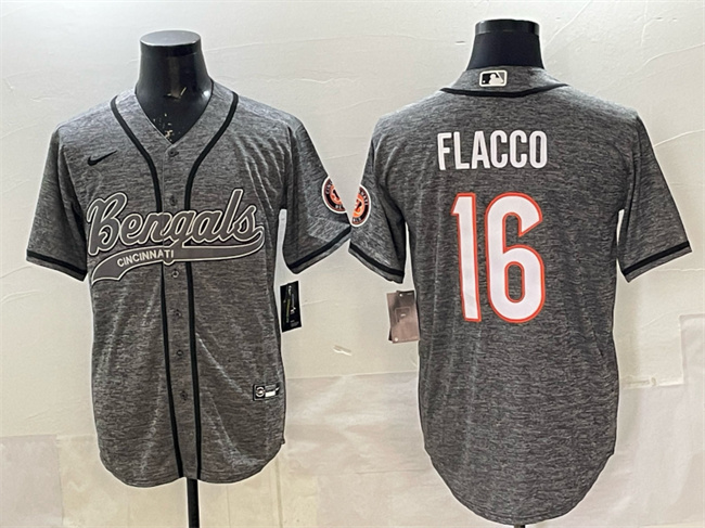 Men's Cincinnati Bengals #16 Joe Flacco Grey With Patch Cool Base Stitched Baseball Jersey Men's Cincinnati Bengals #16 Joe Flacco Grey With Patch Cool Base Stitched Baseball Jersey